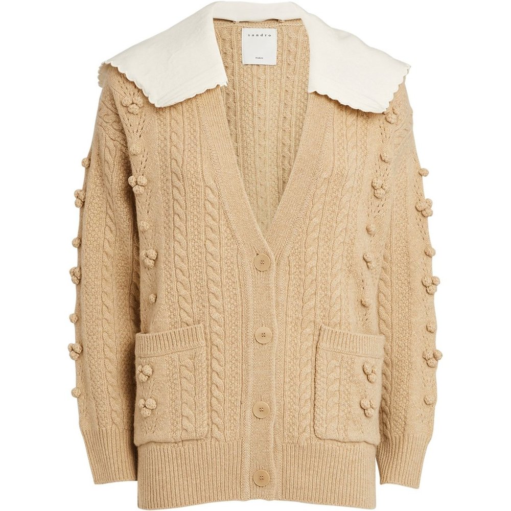 NEW Sandro Ingrid Contrast-Collar Pom-Pom Wool Cardigan Women NWOT